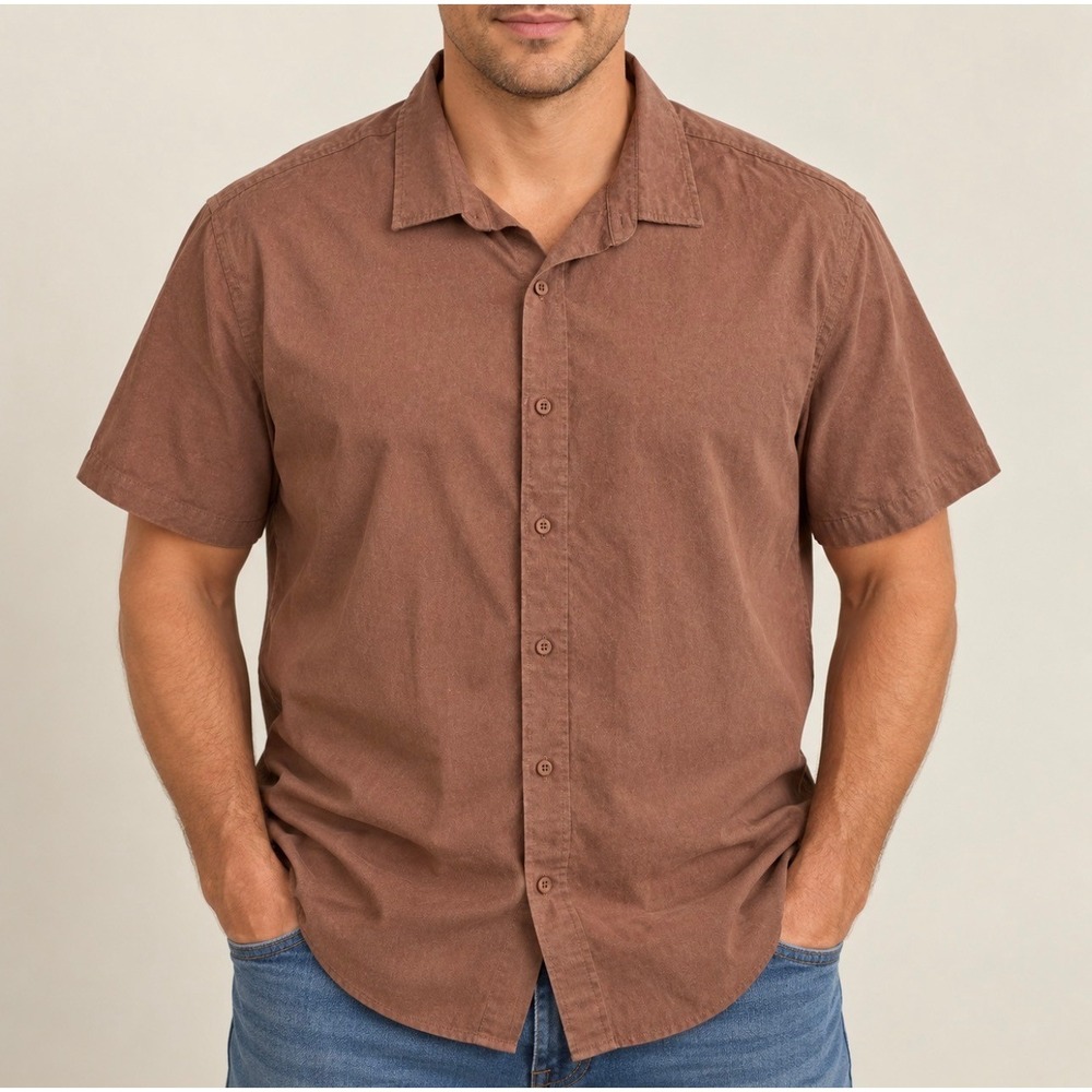 Stylus Button Up Shirt XXL Brown Good Short Sleeve Polyester Spandex Stretch